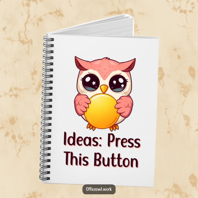 Funny kawaii owl with wide, sparkling eyes, enthusiastically pressing a large, bright button, on the cover of a funny notebook.