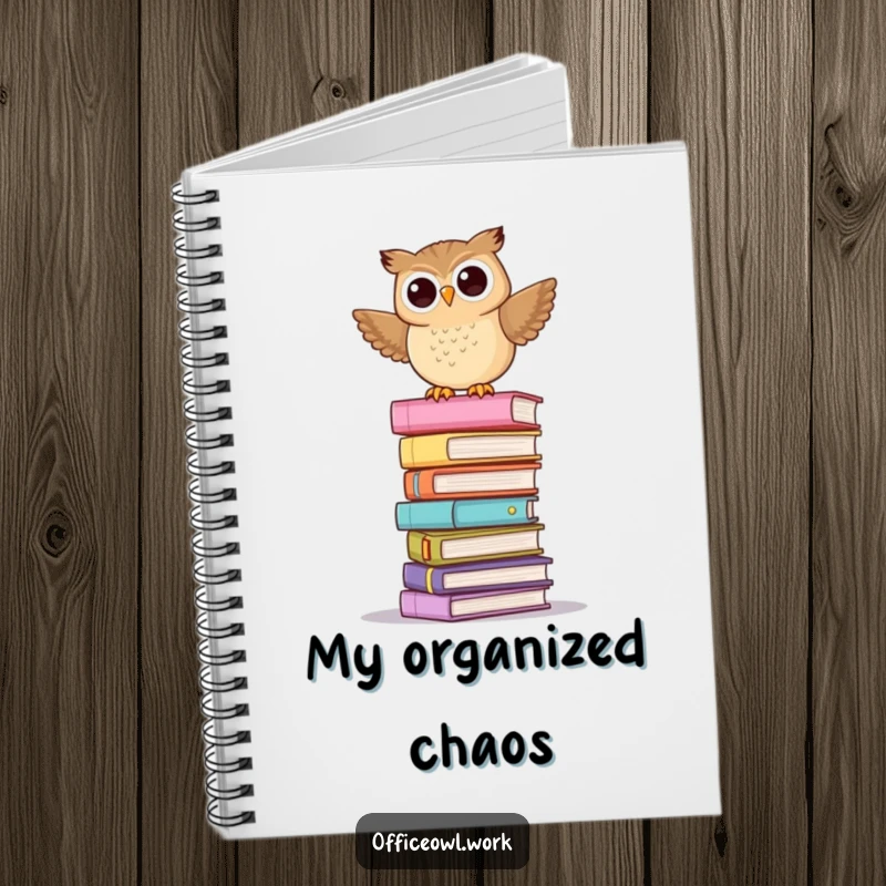 Funny notebook cover with a playful owl balancing precariously on a tall stack of pastel folders.