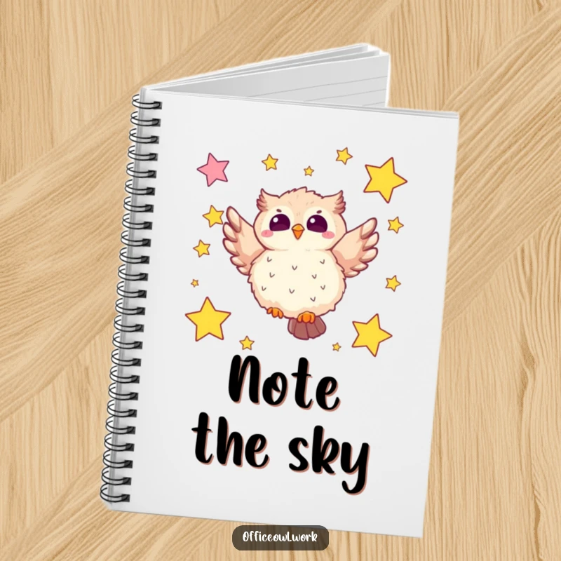 Funny owl notebook with a fluffy kawaii owl soaring through star-shaped sticky notes, ideal for jotting down creative ideas.