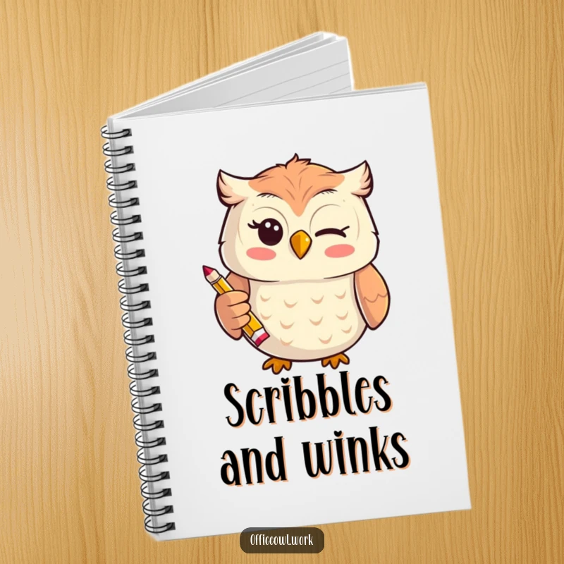 Funny cheerful kawaii owl giving a playful wink while holding a tiny, stylized pencil on the cover of a funny notebook.