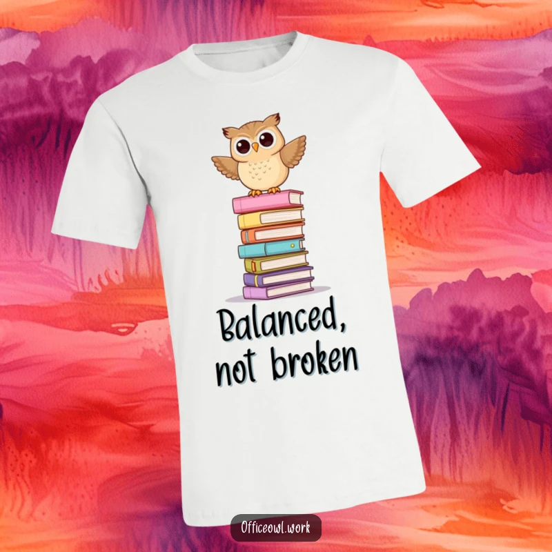 Funny t-shirt graphic of a playful owl wobbling precariously on a tall, unstable stack of pastel folders.