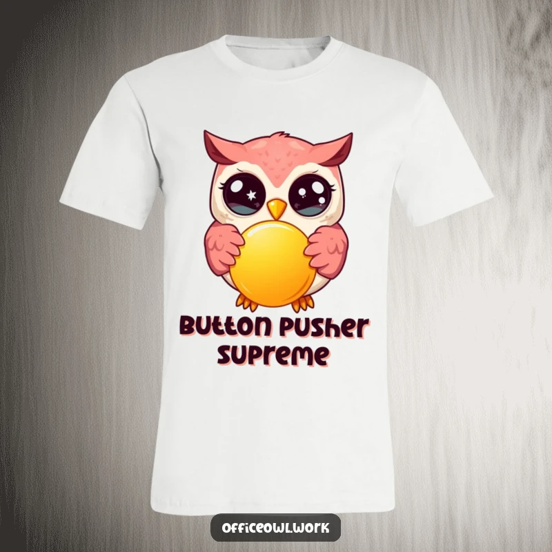 Funny kawaii owl with wide, sparkling eyes, enthusiastically pressing a large, bright button on this humorous t-shirt.