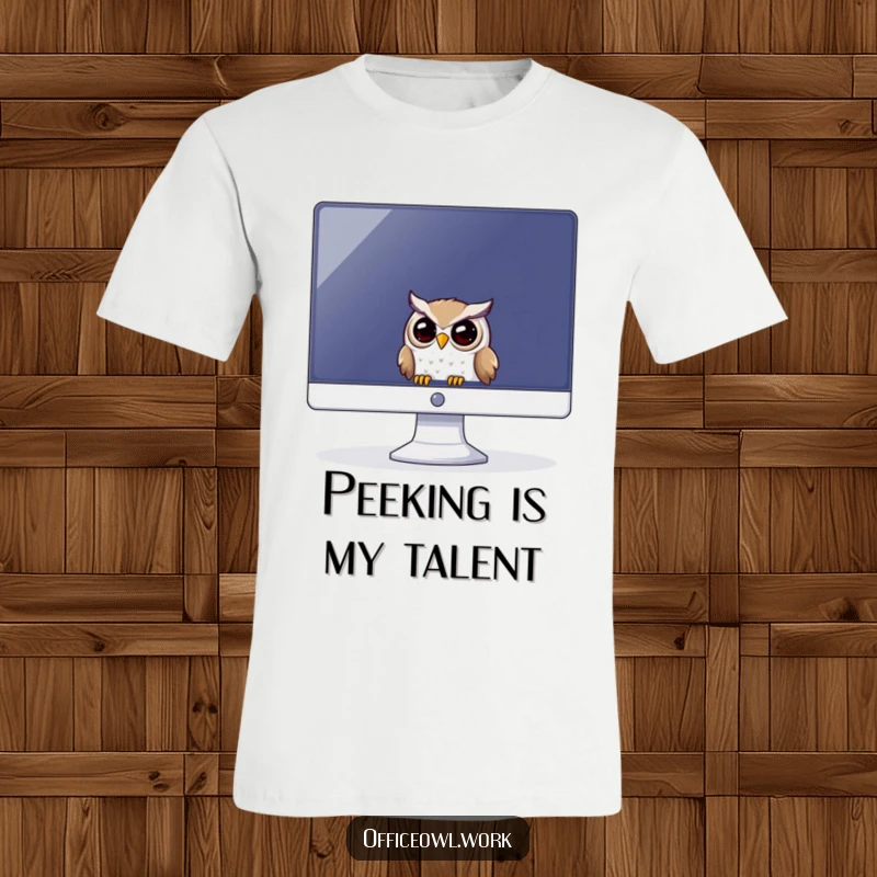 Funny t-shirt graphic of a playful owl peeking out from behind a large computer monitor, eyes wide with curiosity.