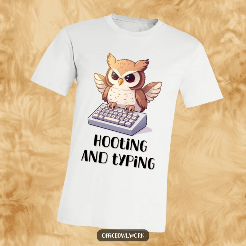 Funny t-shirt graphic of an owl intensely typing on a small keyboard, wings outstretched, symbolizing productive energy.