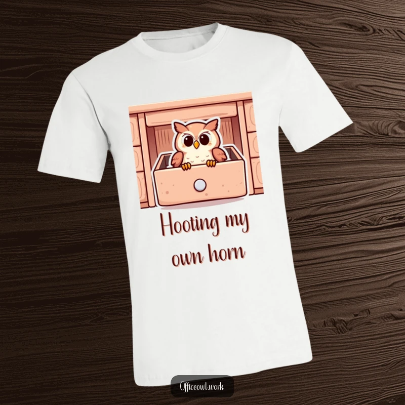 Funny t-shirt illustration of a happy owl snuggled warmly inside a cozy. stylized desk drawer.