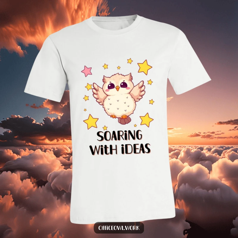 Funny owl t-shirt depicting a fluffy kawaii owl soaring with joy through a sky full of star-shaped sticky notes, looking absolutely delighted.