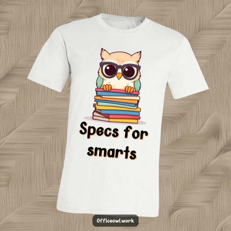 Funny owl t-shirt depicting a kawaii owl wearing spectacles, peeking inquisitively over a tall stack of colorful papers, ready to learn.