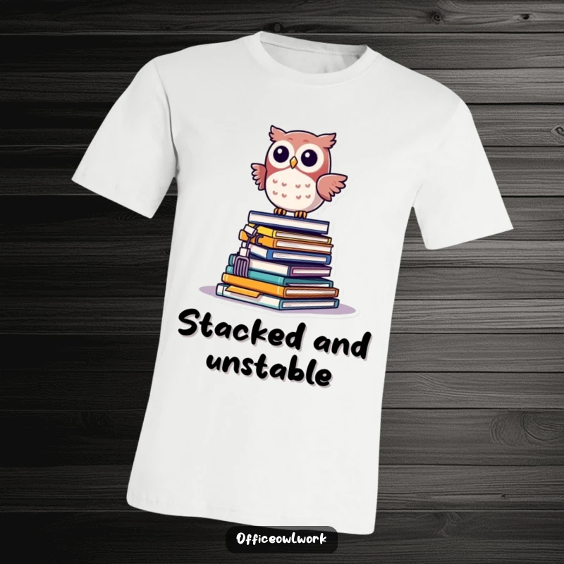 Funny kawaii owl precariously balancing on a teetering pile of office supplies, printed on a humorous t-shirt.