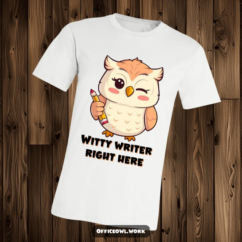 Funny cheerful kawaii owl giving a playful wink while holding a tiny, stylized pencil on a humorous t-shirt.