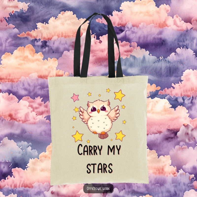 Funny owl tote bag featuring a fluffy kawaii owl soaring among star-shaped sticky notes, perfect for carrying essentials with whimsy.
