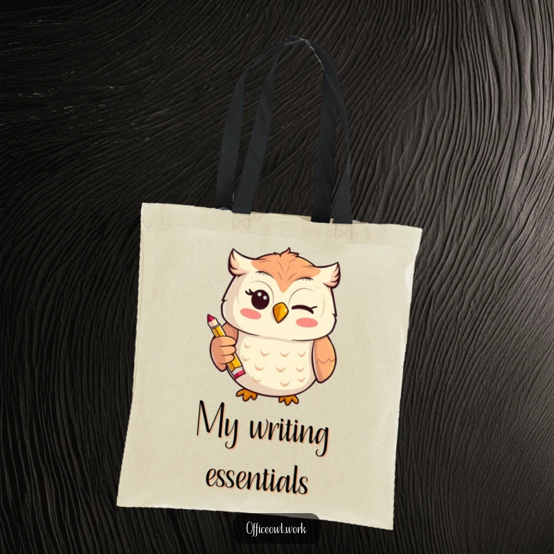 Funny cheerful kawaii owl giving a playful wink while holding a tiny, stylized pencil on a humorous tote bag.