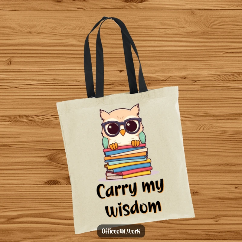 Funny owl tote bag featuring a kawaii owl with spectacles, peeking over a stack of colorful papers, perfect for carrying books with humor.