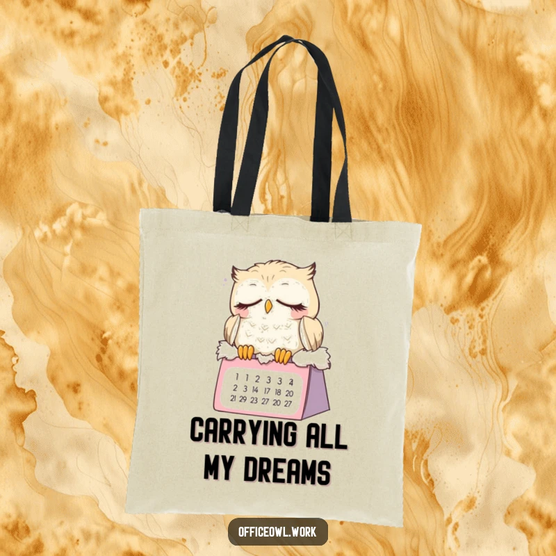 Funny sleepy owl tote bag featuring a cute, dozing bird on a calendar, ideal for carrying groceries or books with a touch of humor.