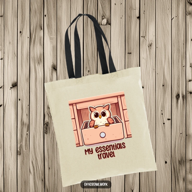 Funny tote bag showcasing a content owl cozily snuggled inside a stylized desk drawer, perfect for carrying items.
