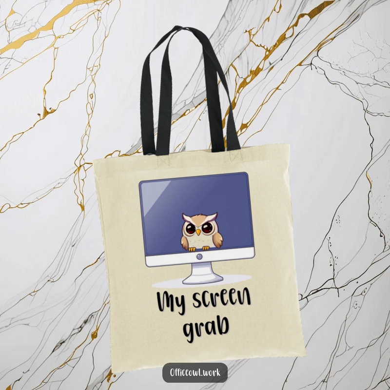 Funny tote bag with an illustration of a playful owl peeking from behind a large computer monitor.