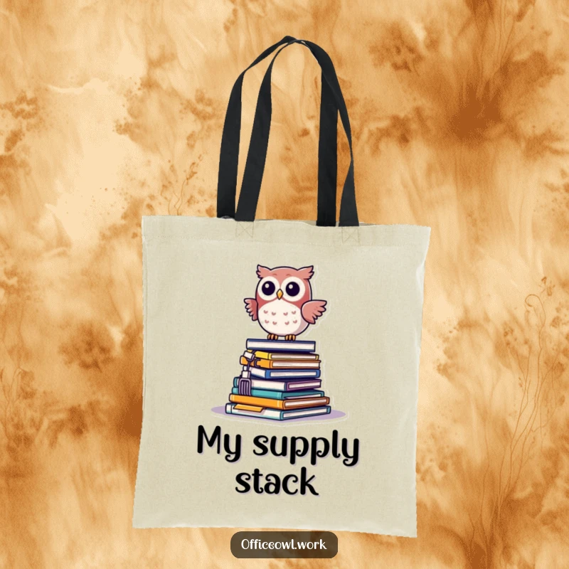 Funny kawaii owl precariously balancing on a teetering pile of office supplies, on a humorous tote bag.