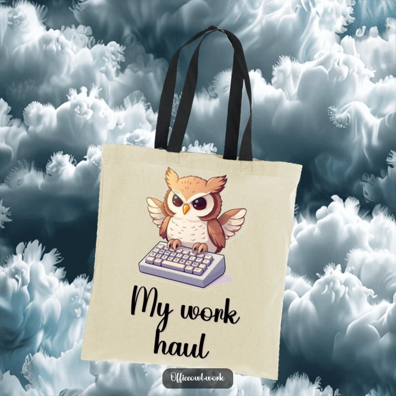 Funny tote bag with an illustration of an owl typing enthusiastically on a miniature keyboard, its wings in action.